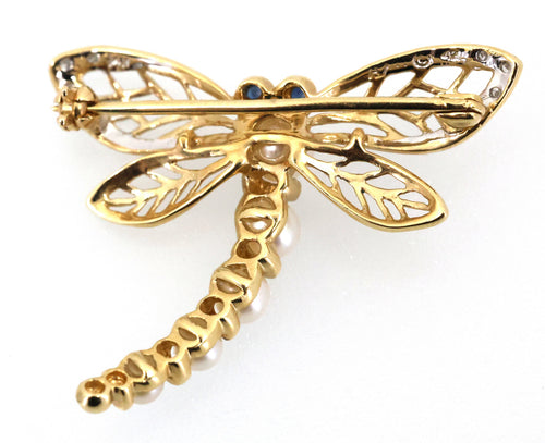 14k Yellow Gold Dragonfly Pin / Brooch with Pearls & Diamonds 3.9g, S109027