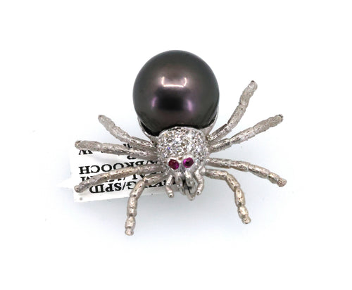 18k White Gold Ladies Spider Pearl 15mm Brooch, S109025