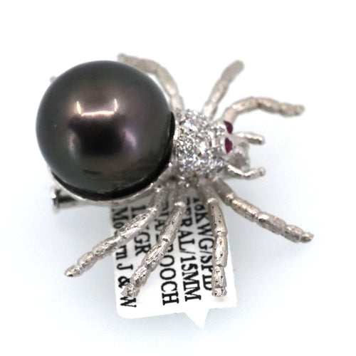 18k White Gold Ladies Spider Pearl 15mm Brooch, S109025