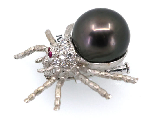 18k White Gold Ladies Spider Pearl 15mm Brooch, S109025