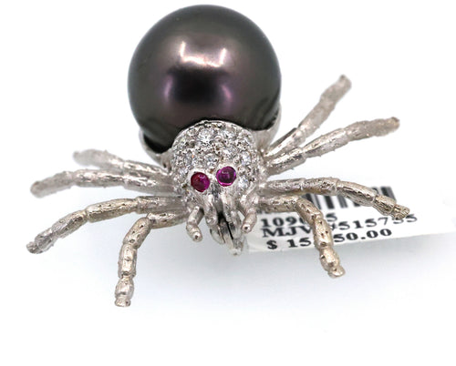 18k White Gold Ladies Spider Pearl 15mm Brooch, S109025