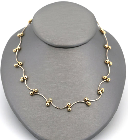 Vintage 14K White & Yellow Gold Curved Ball Link Chain Necklace 15.5",7.9g, S