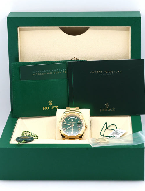 Rolex Men's Day Date President 40mm Yellow Gold Green Roman 228238, Brand New