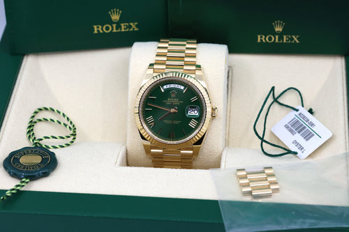 Rolex Men's Day Date President 40mm Yellow Gold Green Roman 228238, Brand New