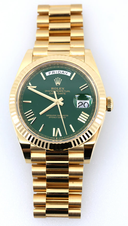 Rolex Men's Day Date President 40mm Yellow Gold Green Roman 228238, Brand New