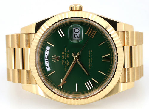 Rolex Men's Day Date President 40mm Yellow Gold Green Roman 228238, Brand New