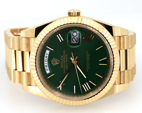 Rolex Men's Day Date President 40mm Yellow Gold Green Roman 228238, Brand New