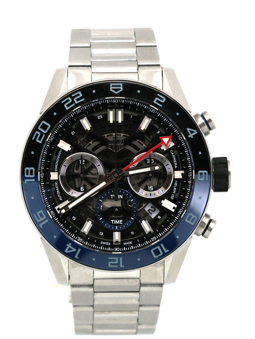 Tag Heuer Carrera Chronograph Twin-Time Automatic Black Skeleton Dial Stainless Steel Men's Watch CBG2A1Z.BA0658