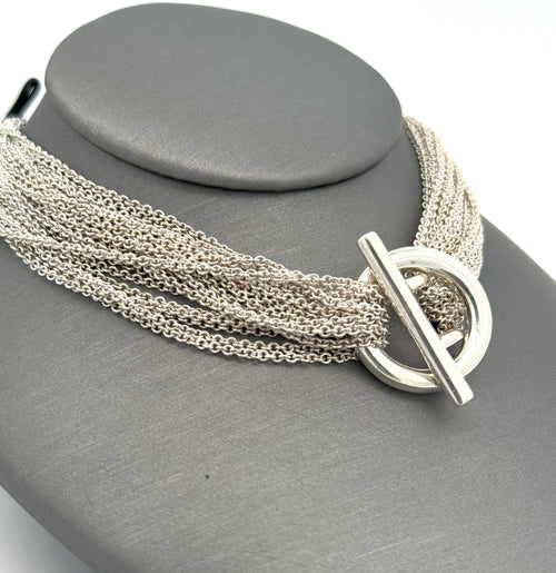 Tiffany & Co. Sterling Silver Multi Strand Chain Mesh Heart Toggle  Necklace (Pre-owned)
