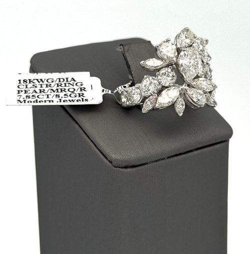 18K White Gold 7.60 CT Diamond Cluster Ladies Ring, S16653