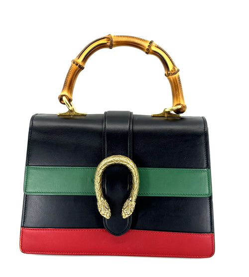 Gucci Bamboo Dionysus Shoulder Handbag Leather Black Green Red Used Women