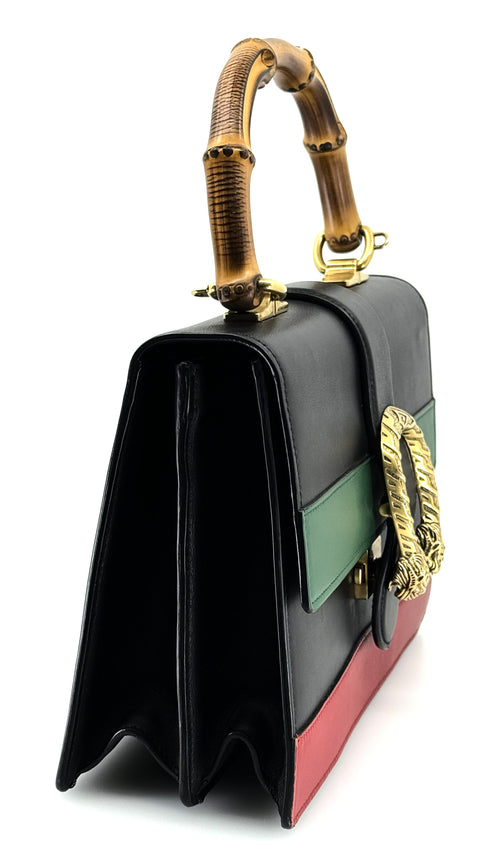 Gucci Bamboo Dionysus Shoulder Handbag Leather Black Green Red Used Women