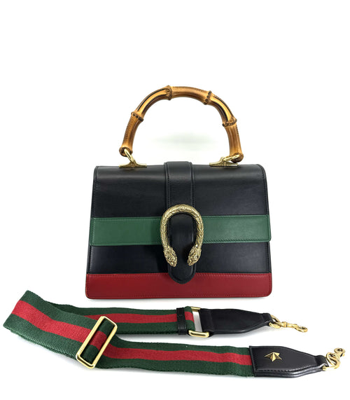 Gucci Bamboo Dionysus Shoulder Handbag Leather Black Green Red Used Women