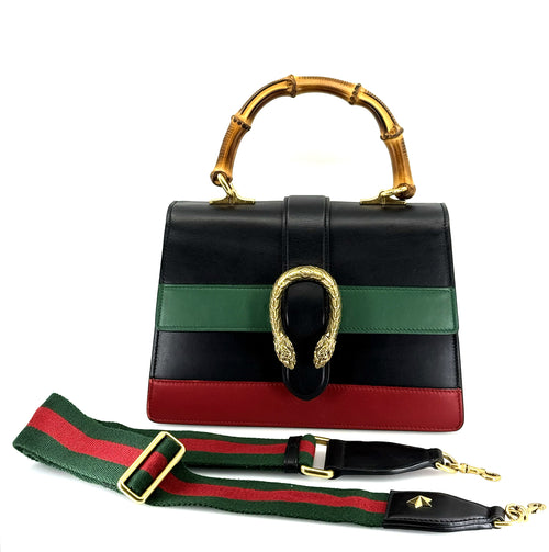 Gucci Bamboo Dionysus Shoulder Handbag Leather Black Green Red Used Women
