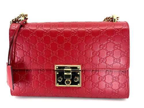 Gucci Guccissima Medium Padlock Shoulder Bag Hibiscus Red  (Pre-owned)