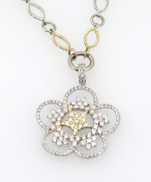 14k White & Yellow Gold Flower Diamond Pendant Necklace, 22.8g