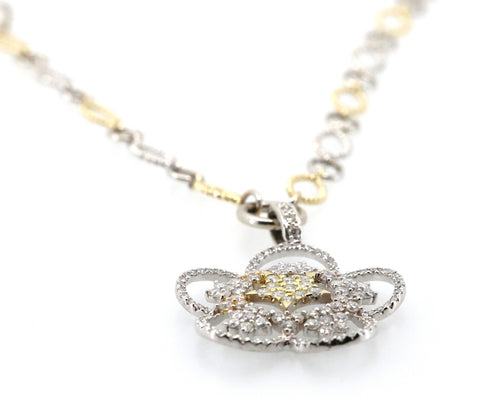 14k White & Yellow Gold Flower Diamond Pendant Necklace, 22.8g