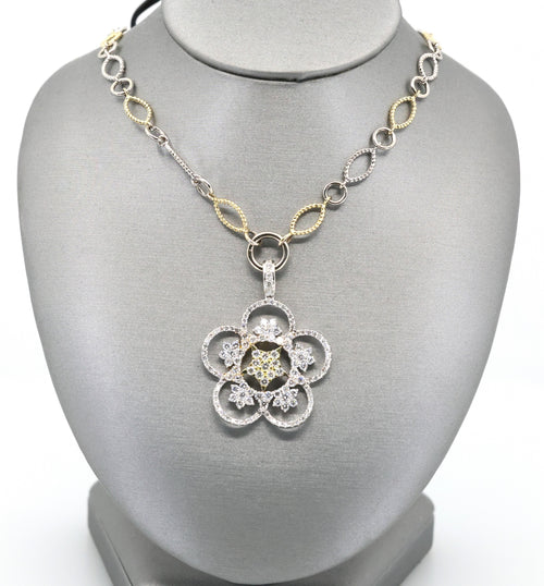 14k White & Yellow Gold Flower Diamond Pendant Necklace, 22.8g
