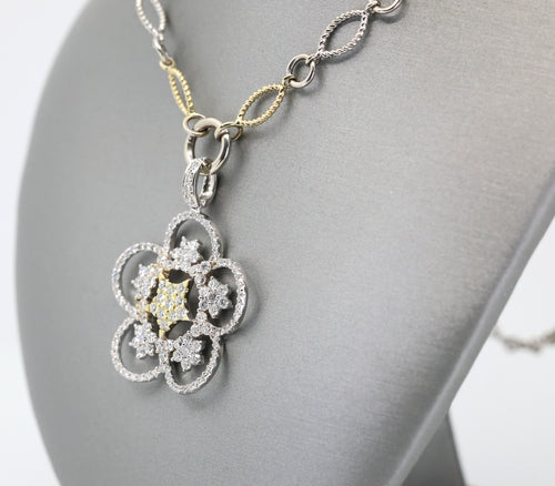 14k White & Yellow Gold Flower Diamond Pendant Necklace, 22.8g