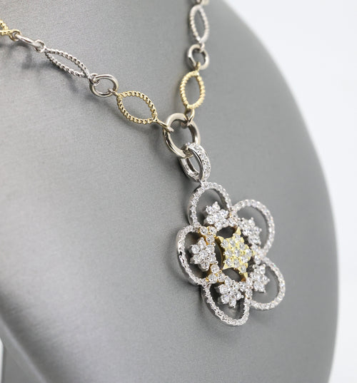 14k White & Yellow Gold Flower Diamond Pendant Necklace, 22.8g