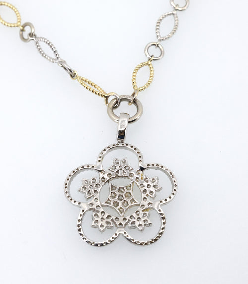 14k White & Yellow Gold Flower Diamond Pendant Necklace, 22.8g