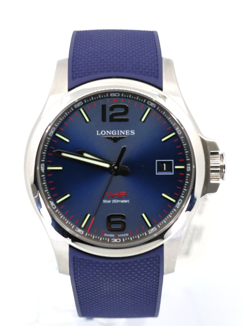 Longines Conquest V.H.P. 43mm, L3.726.4.96.9 Blue Dial Rubber Strap Men's Watch, S16097