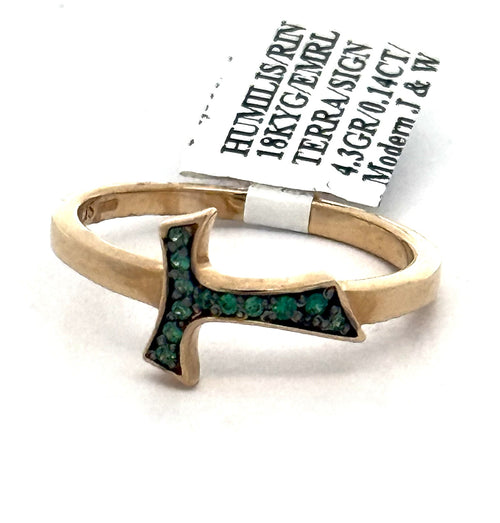 18k Yellow Gold 0.14CT Emerald Humilis Terra Sign Ring, 4.3g, Size 10, S107288