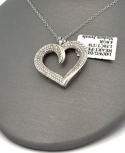 14k White Gold 1.25CT Diamond Heart Pendant, 4.8g, S16694