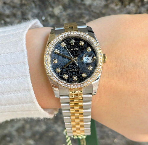 Pre-owned Rolex Datejust 36 2-Tone Steel & Gold Watch Black Jubilee Diamond Dial