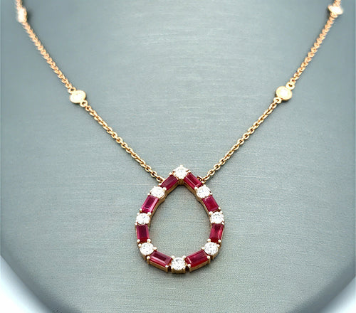 14k Rose Gold 2.00Ct Diamond & Ruby Pear-Shaped Pendant, 18", 4.3g, S16739
