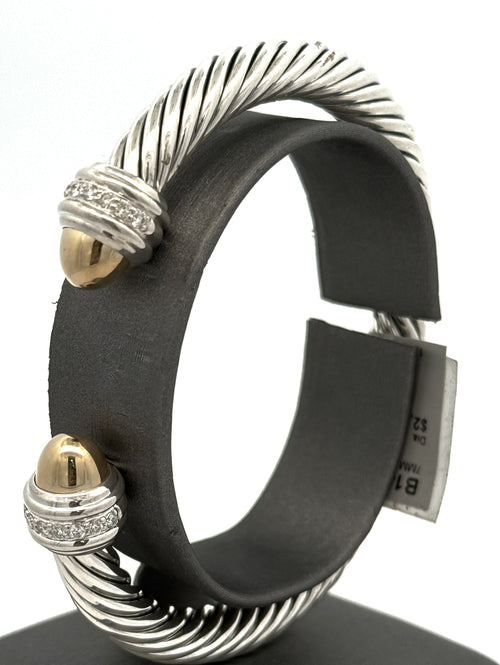 David Yurman Classic Cable Bracelet Sterling Silver with 14K Yellow Gold Domes and Diamonds, 7mm
