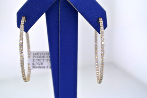 14k Yellow Gold 2.75 CT Diamond Inside Out Hoop Earrings, 6.7gm, 1.5"