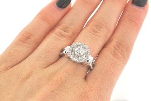 14k White Gold 1.00 CT Round & Baguette Diamond Cluster Engagement Ring