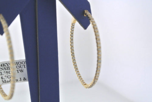 14k Yellow Gold 2.75 CT Diamond Inside Out Hoop Earrings, 6.7gm, 1.5"