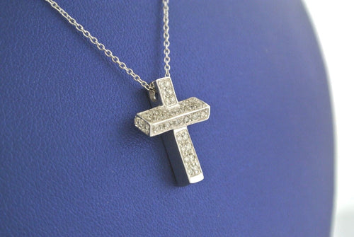 18k White Gold 0.35 CT Diamond Cross Pendant Necklace, 4.9gm, 16.5"