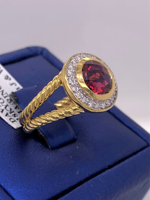 David Yurman 18k Yellow Gold Rubellite & Diamond Ladies Ring