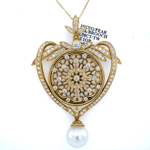 18K Yellow Gold 2.50 CT Diamond & Pearl Fancy Pendant