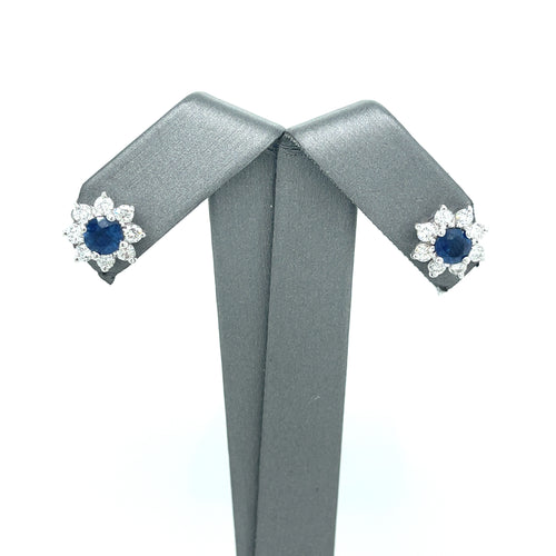 14k White Gold 3.50 CT Diamond & Sapphire Flower Stud Earrings, 2.9gm