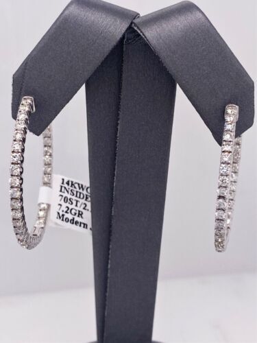 14k White Gold 2.10 CT Diamond Inside Out Hoop Earrings, 7.2g,