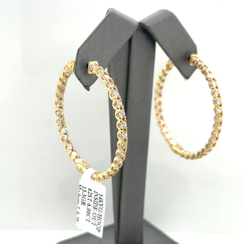 14K Yellow Gold 6.00CT Diamond Inside Out Hoop Earrings, 13.3gm,