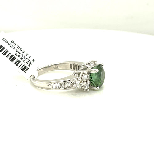 14K White Gold 4.50 CT Diamond & Green Tourmaline Ring, Size 7, 6.3 G