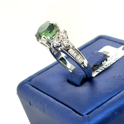14K White Gold 4.50 CT Diamond & Green Tourmaline Ring, Size 7, 6.3 G