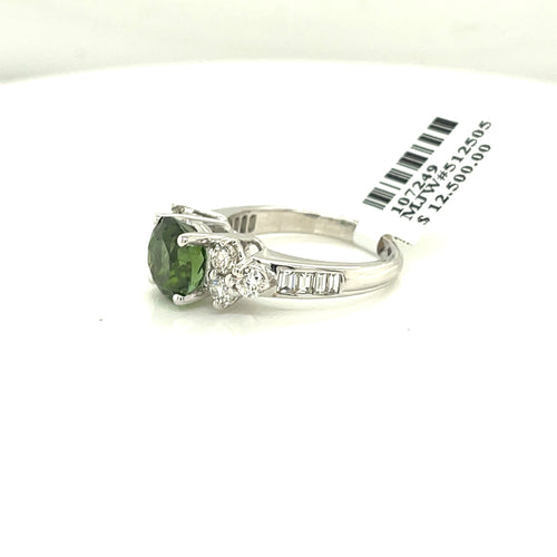 14K White Gold 4.50 CT Diamond & Green Tourmaline Ring, Size 7, 6.3 G
