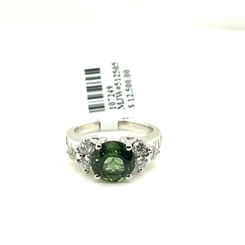 14K White Gold 4.50 CT Diamond & Green Tourmaline Ring, Size 7, 6.3 G