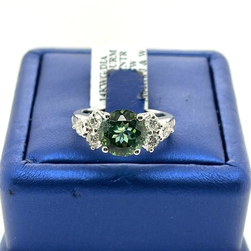 14K White Gold 4.50 CT Diamond & Green Tourmaline Ring, Size 7, 6.3 G