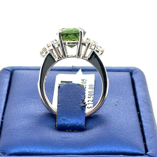 14K White Gold 4.50 CT Diamond & Green Tourmaline Ring, Size 7, 6.3 G
