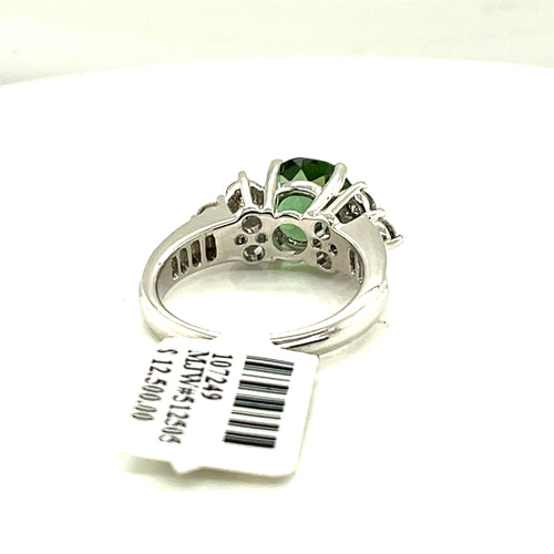 14K White Gold 4.50 CT Diamond & Green Tourmaline Ring, Size 7, 6.3 G