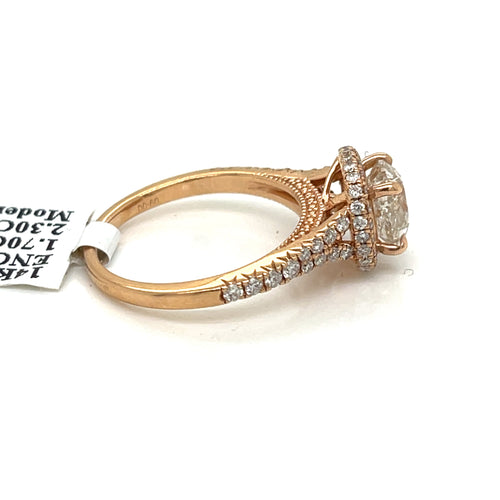 14k Rose Gold 2.30 CT Diamond Halo Engagement Ring, 3.8gm, Size 6.5