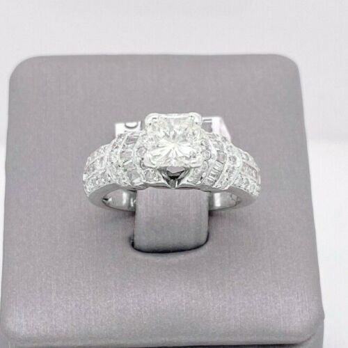 14k White Gold 1.50 CT Princess& Baguette Cut Diamond Engagement Ring