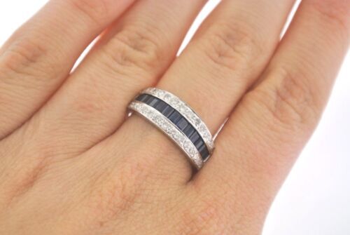 18k White Gold 1.00 CT Sapphire & Diamond Band, 4.6gm, Size 7.25